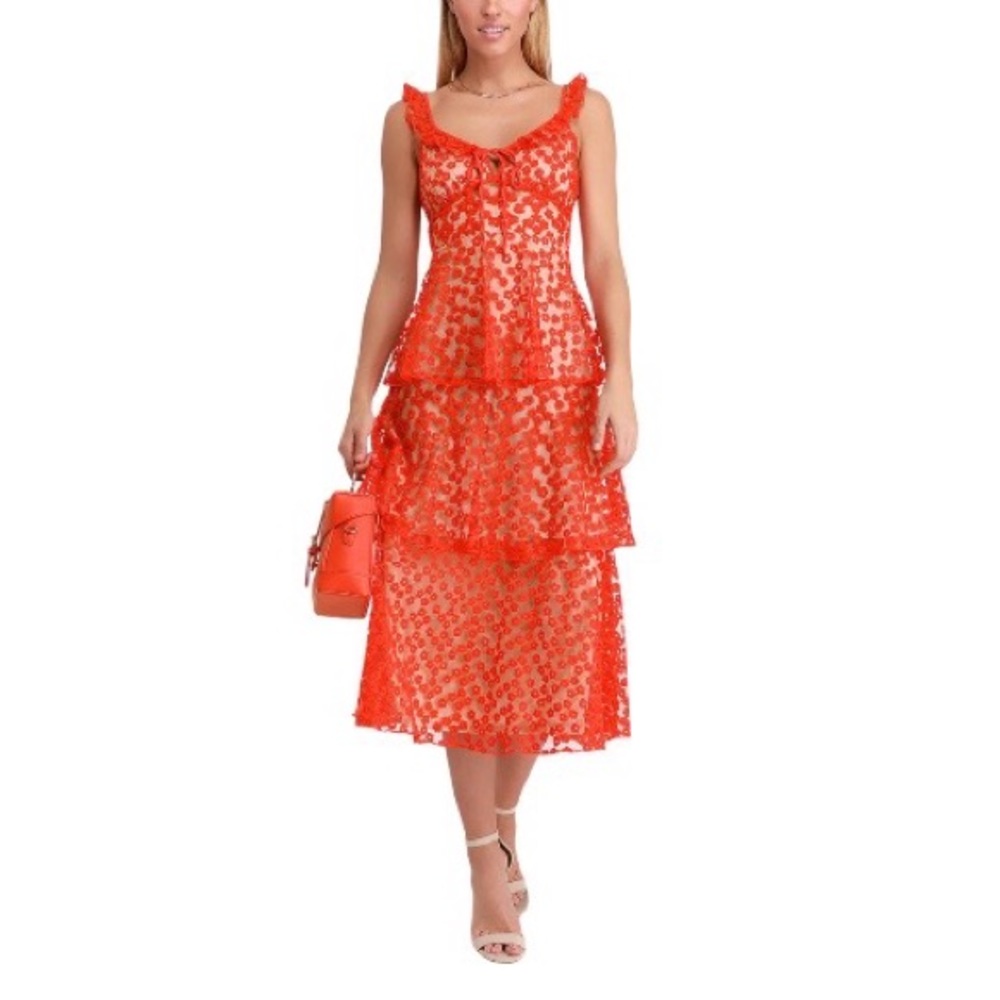 Lulus Someday Swoon Coral Red Embroidered Midi Dress Size L - Picture 1 of 5